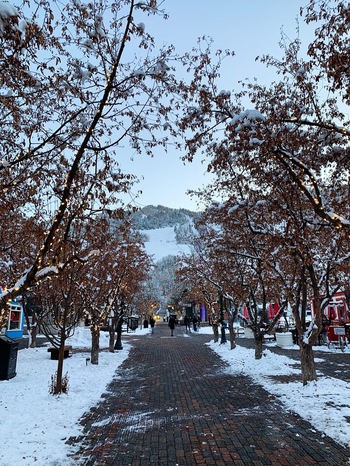 A brick pedestrian street in downtown Aspen after a snowfall, trees strung with lights and Aspen Mountain at the end
