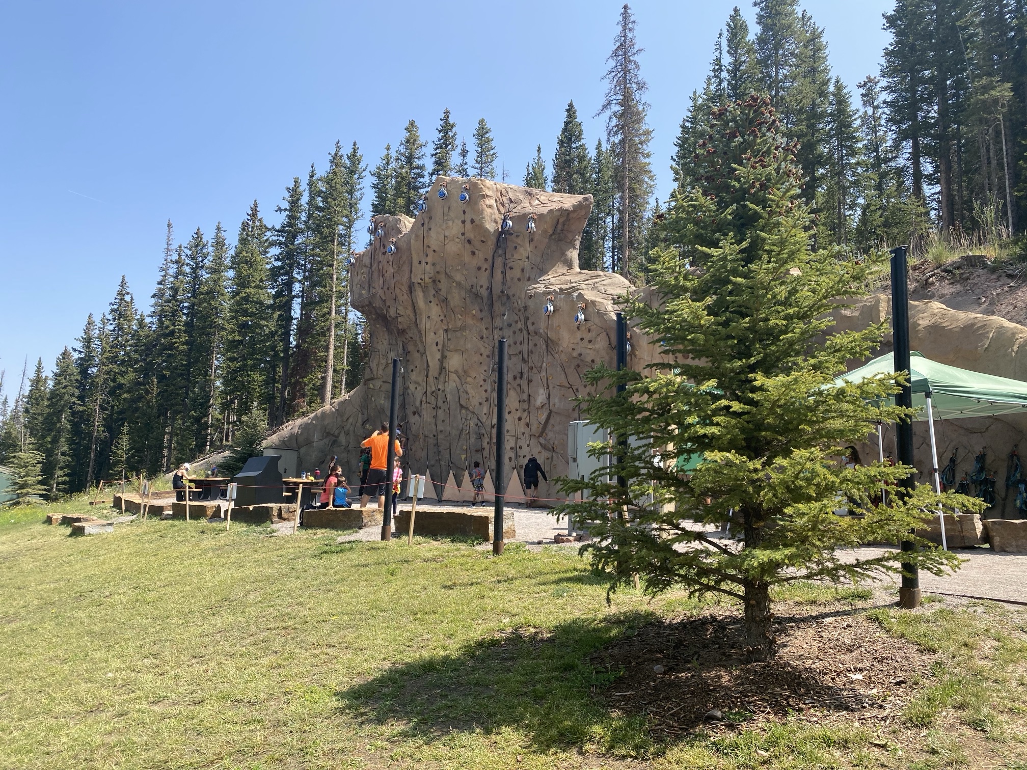 Families at the base of a tall climbing wall among pine trees at Elk Camp in summer