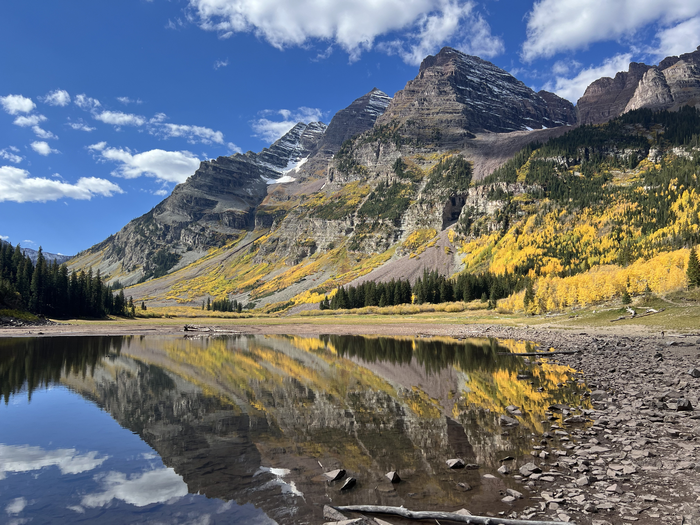 Maroon Bells reflected in a mountain lake, Aspen, Colorado