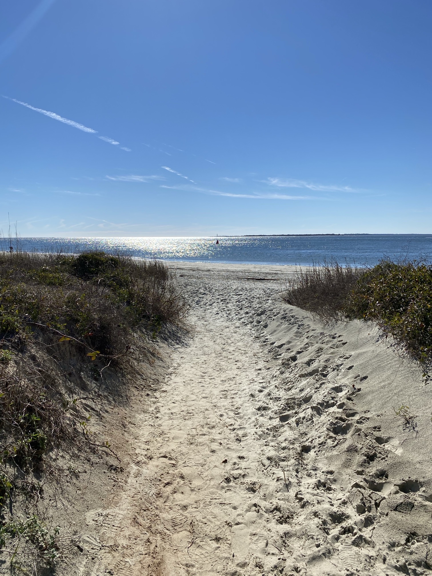 A sandy path between low dunes leading down to the beach and the water