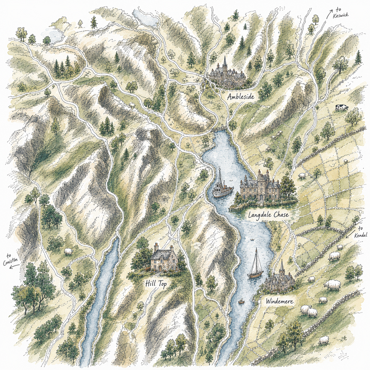 Illustrated watercolor map of the Lake District showing Ambleside, Langdale Chase, Hill Top, and Windermere