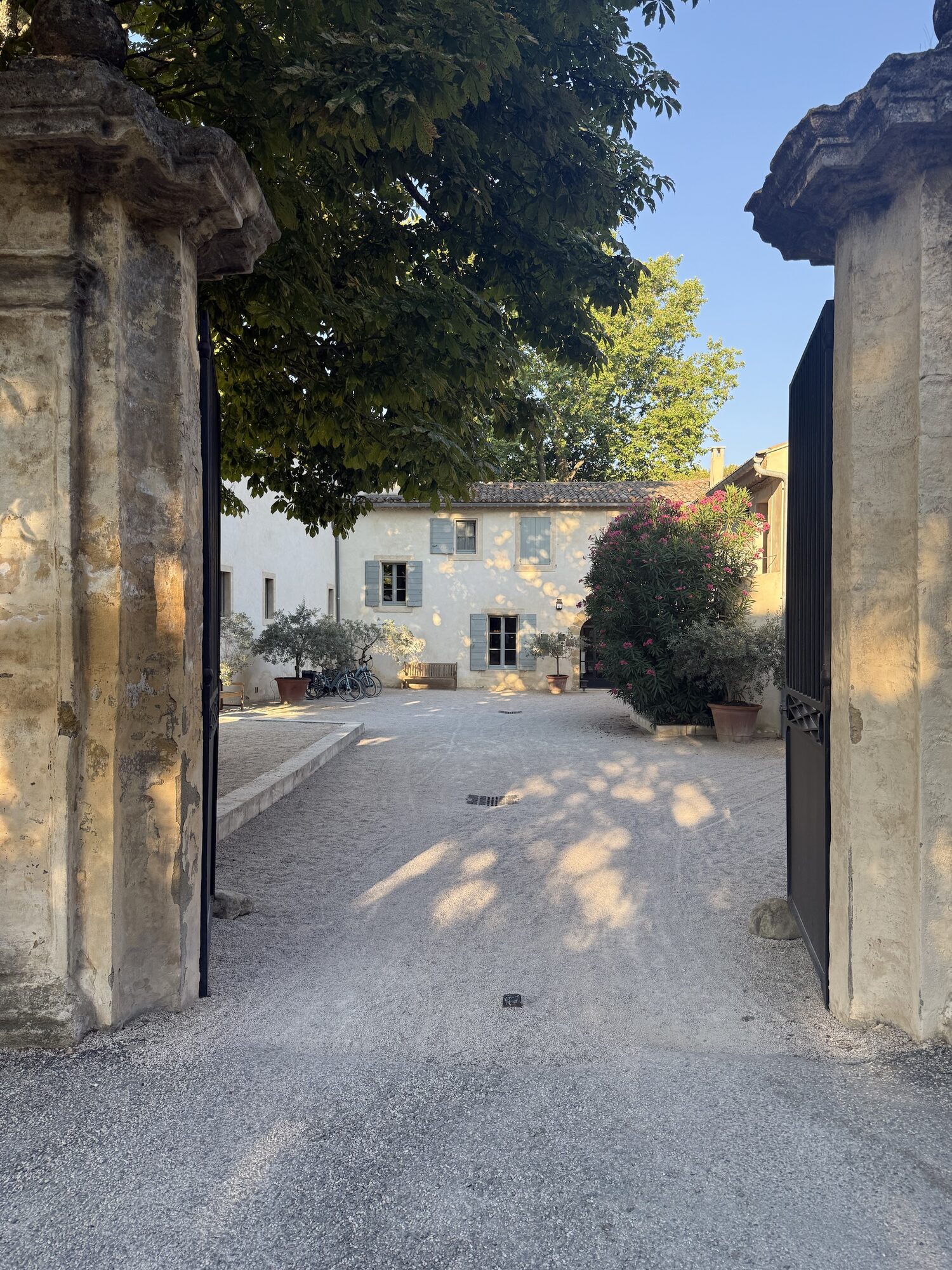 The gated courtyard at Domaine de Fontenille, with blue shutters and oleander
