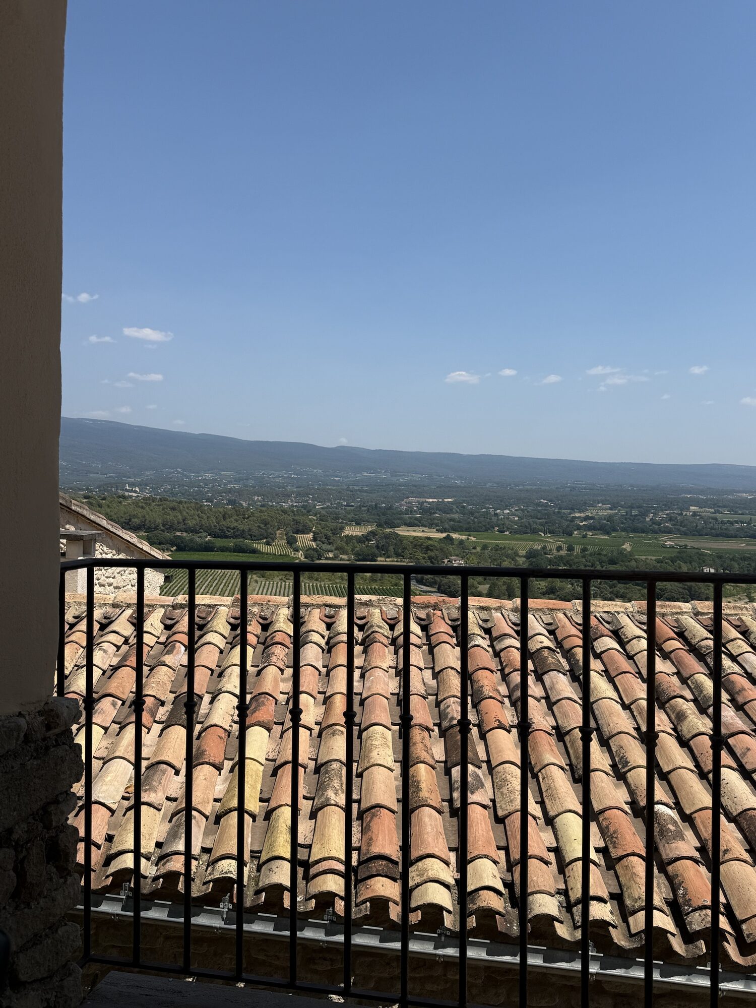 Terracotta roof tiles above vineyards and the valley floor